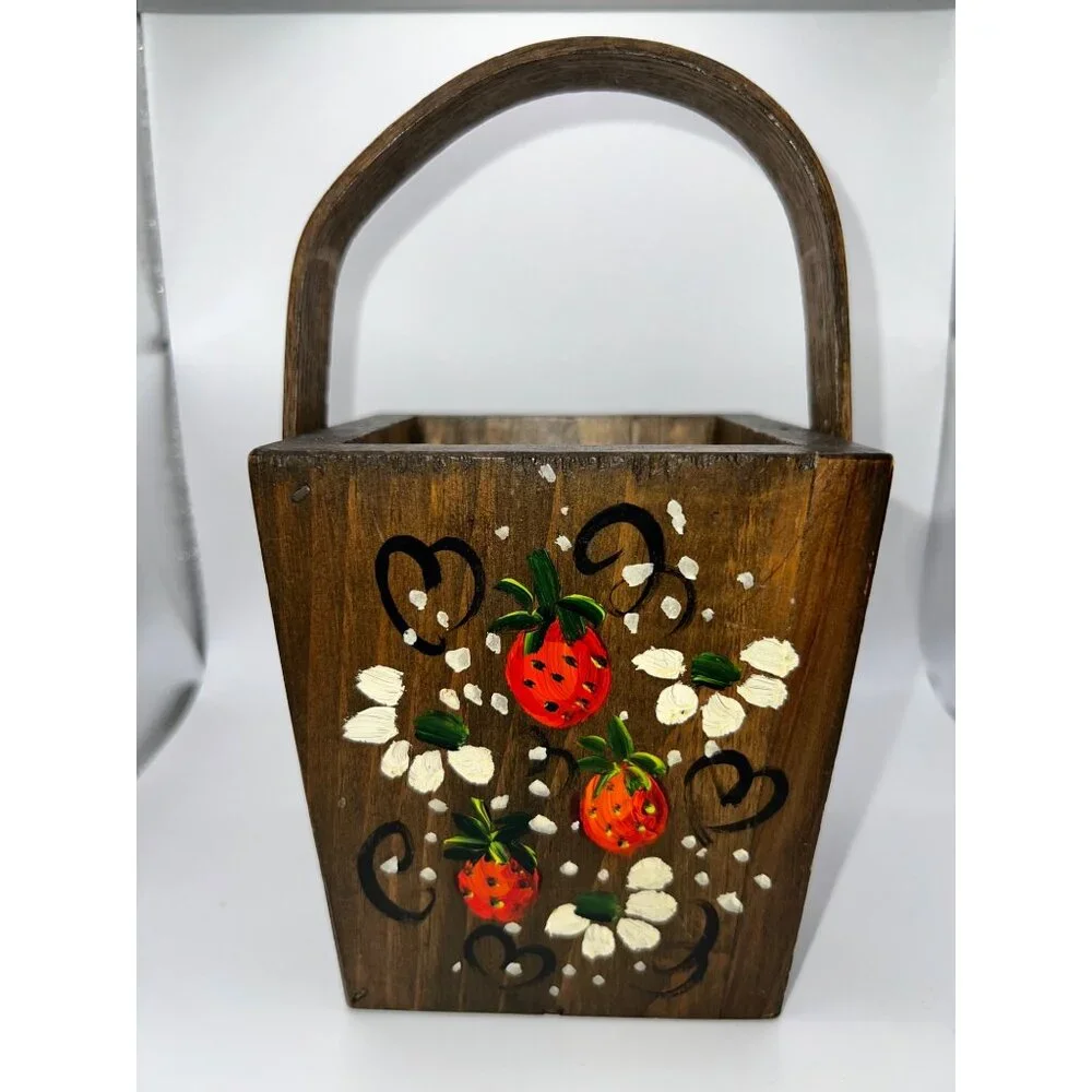 VTG Hand Painted‎ Mini Wooden Basket Painted Flowers & Strawberries Cottagecore